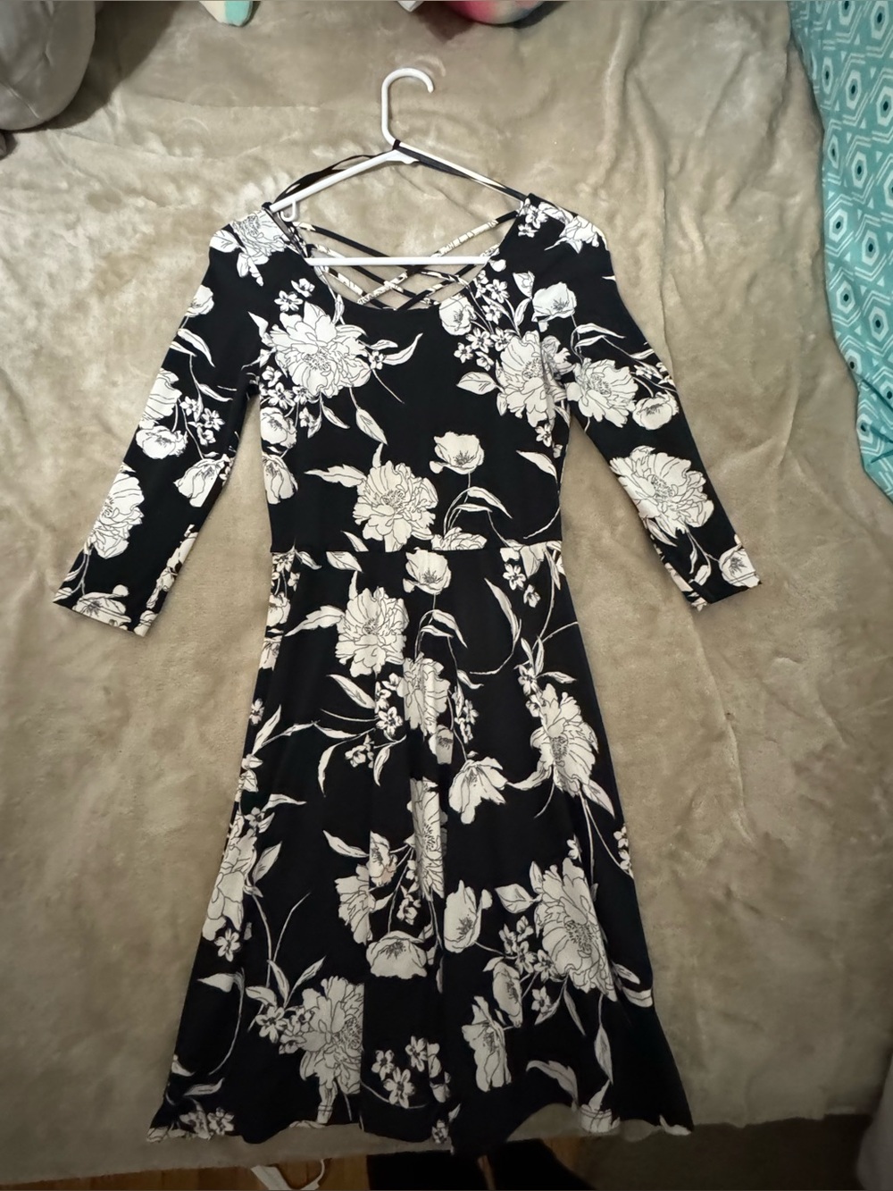 A. Byer Black and White Floral Long Sleeve Midi Dress